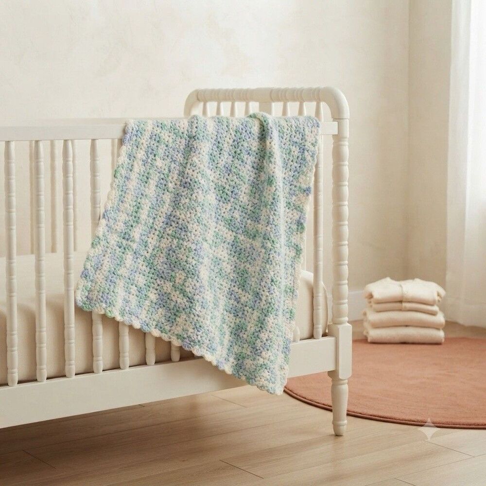 Handmade Crocheted Baby Blanket Afghan Mint Green Blue White
